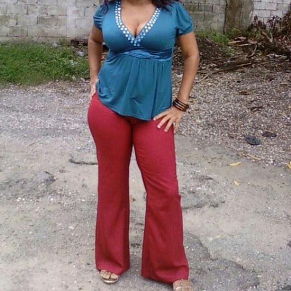 N/A ❌ ❌ ❌ RED/BURGUNDY CUSTOM MADE LINEN WIDE LEG PANTS - 11 - Picture 2 of 4