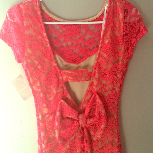 Neon Coral bodycon Lace Dress with Bow Back