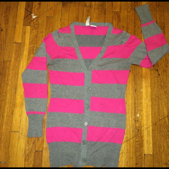 Striped Cardigan - Hot Pink and Grey