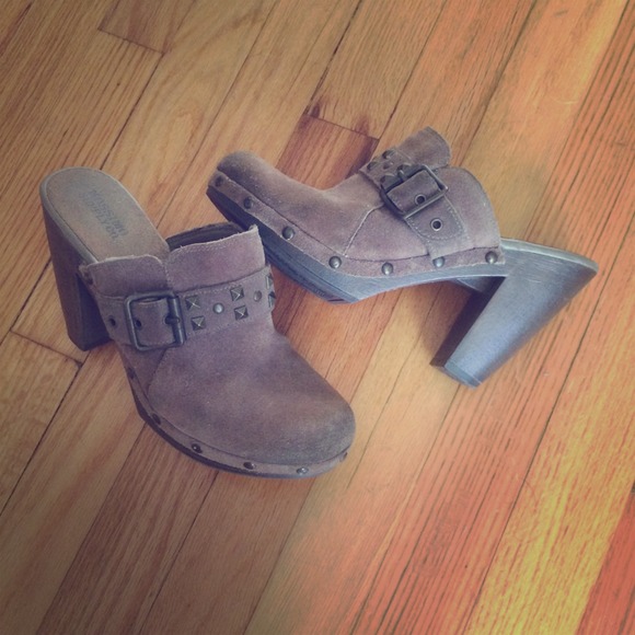 brown leather studded mules clogs