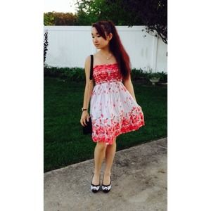 Pink and white floral strapless dress