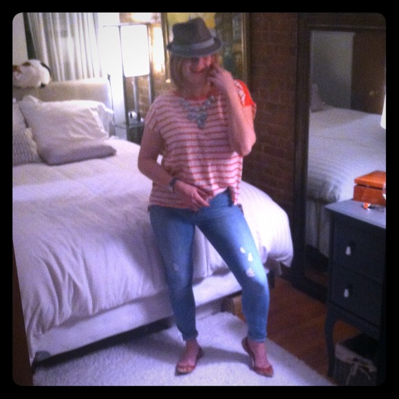 Weekend fab look! Burnt orange stripe cap sleeve