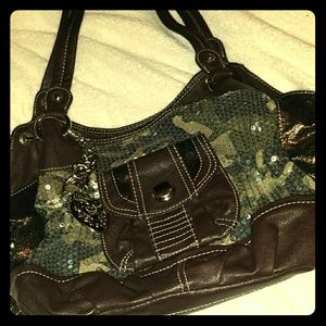 Kathy Van Zeeland Camo and Brown Sequin Purse