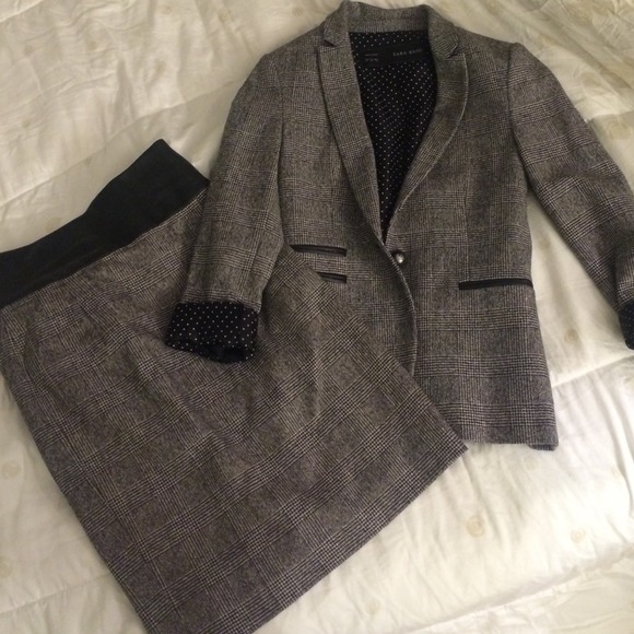 Zara houndstooth with leather detail skirt suit