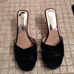MK black leather shoes with wooden base/heels