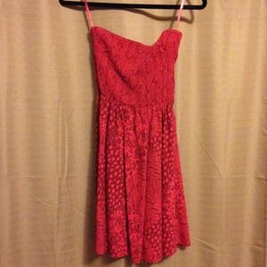 Red patterned strapless baby doll dress