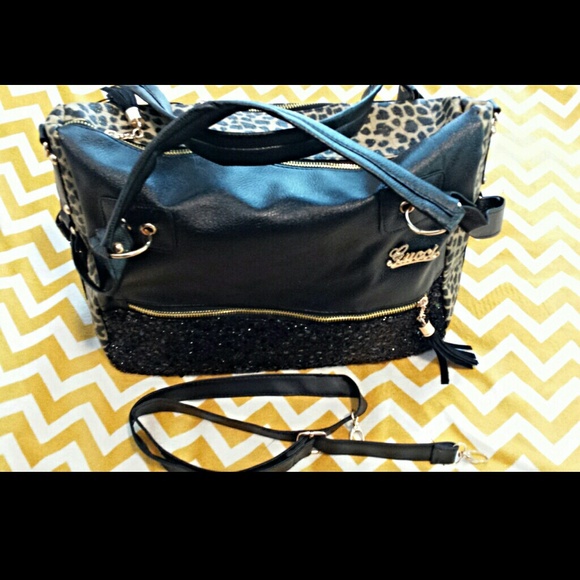 New! Black Sequined Leopard Faux Leather Bag