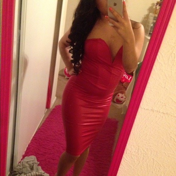 Red leather dress midi