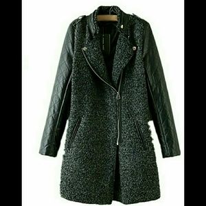 New! Grey/Black Wool Leather Trench Jacket