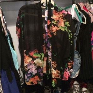 Long black floral kimono