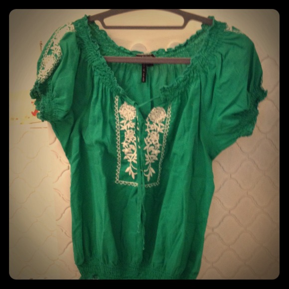 Green boho embroidered top