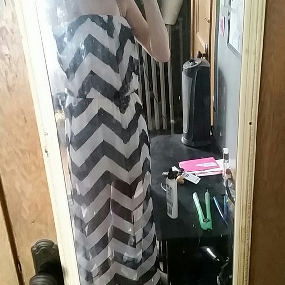 Black and white chevron maxi strapless dress