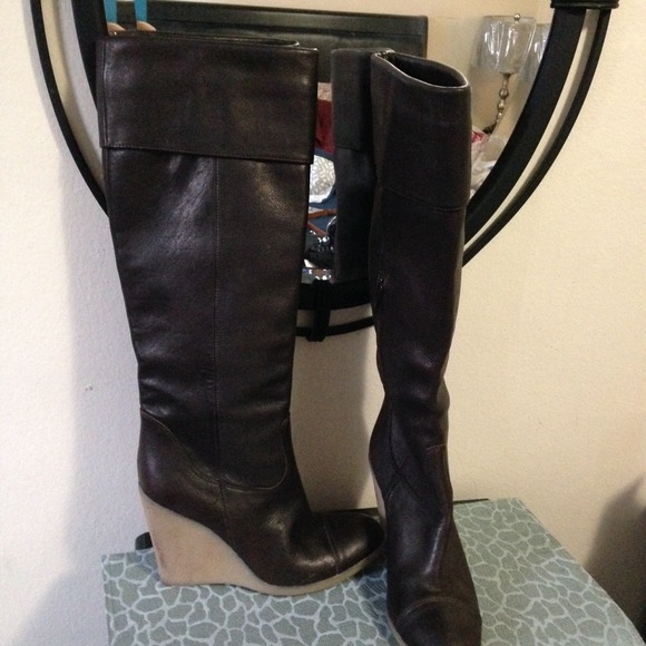 Brown leather wedge knee high boot