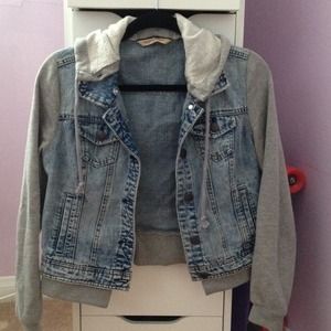 jean jacket with sweater sleeves and hood