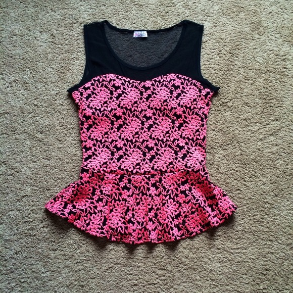 Black and pink mesh peplum shirt