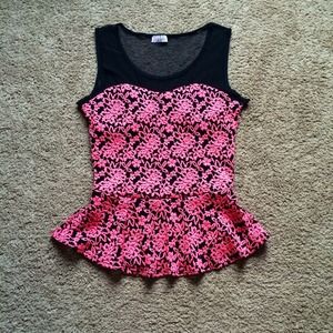 Black and pink mesh peplum shirt