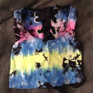 Tie-dye/acid wash ribbon corset back crop tank