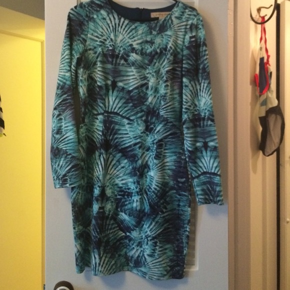 Blue and green fan print dress (M)