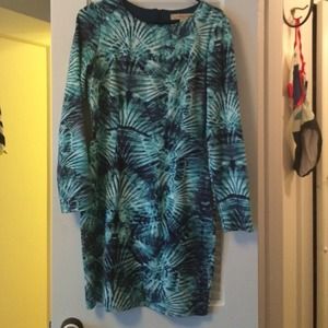 Blue and green fan print dress (M)