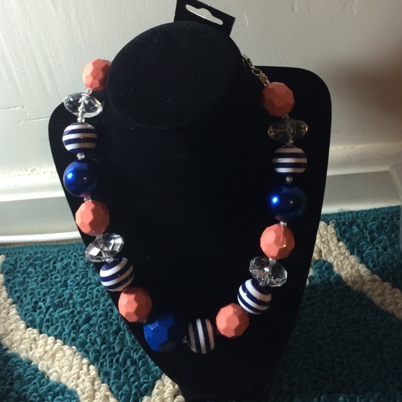 Pink blue and white chunky bead necklace