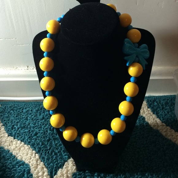 Yellow and light blue chunky bead necklace