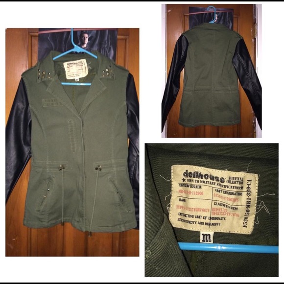 Green jacket with leather sleeves