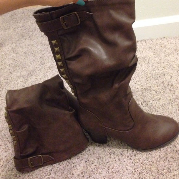 Brown Studded Soft Pleather High Heel Riding Boots