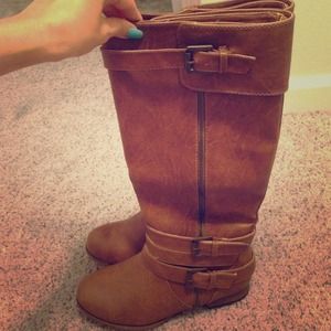 Brown Pleather Buckle Riding Boots