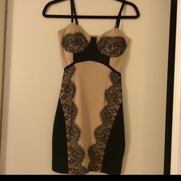 Black and Nude Lace Stretch Mini Dress