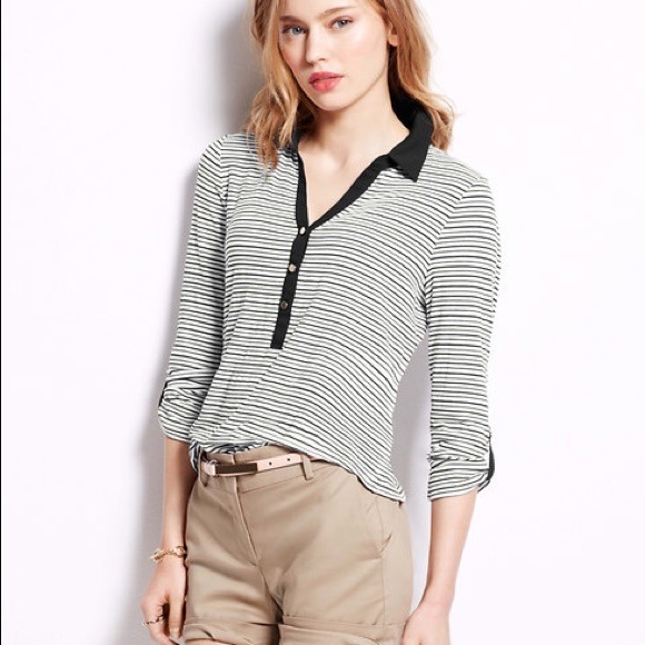 Ann Taylor Black Stripped Roll Sleeve Shirt