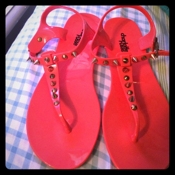 Coral sandals with gold spikes