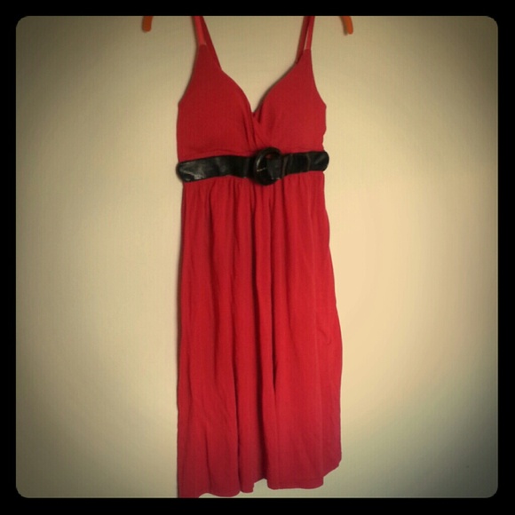 Vibrant red dress with built-in faux leather belt