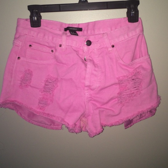 Pink High Waisted Distressed Shorts