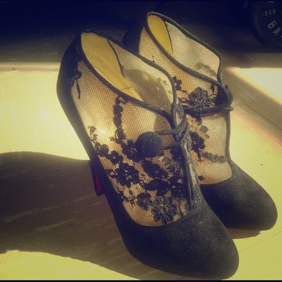 CHRISTIAN LOUBOUTIN LACE AND SUEDE BOOTIES