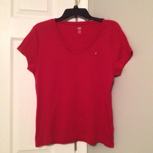 Red Cotton V-neck Tee