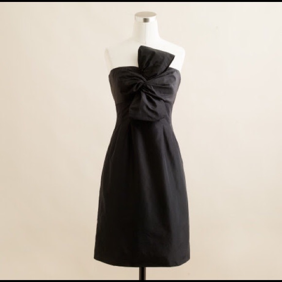 Black silk strapless cocktail dress w/ bow detail