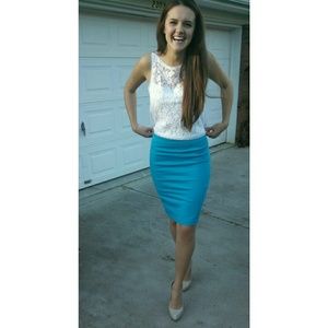 Baby blue pencil skirt.