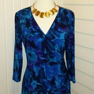 Blue faux wrap dress.