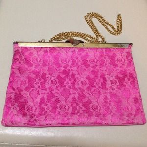 Vintage Hot Pink Lace Gold Chain Bag
