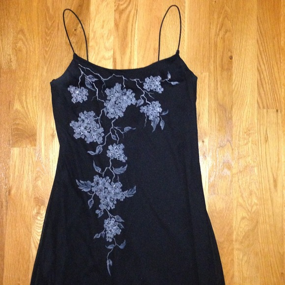 Black Spaghetti Strap Dress with Grey Flower Print