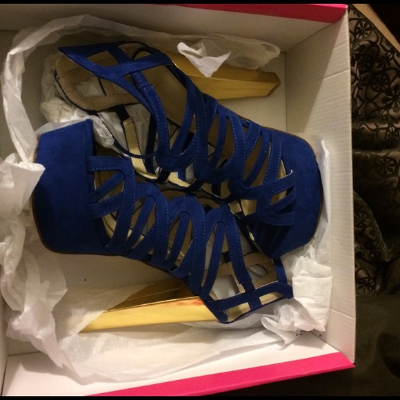 Blue and gold strappy heels