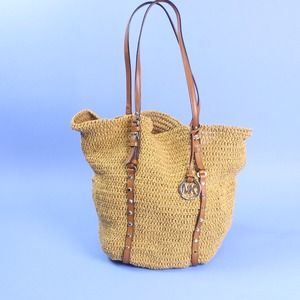 MICHAEL KORS Large Studded Straw Shopper Tote Bag