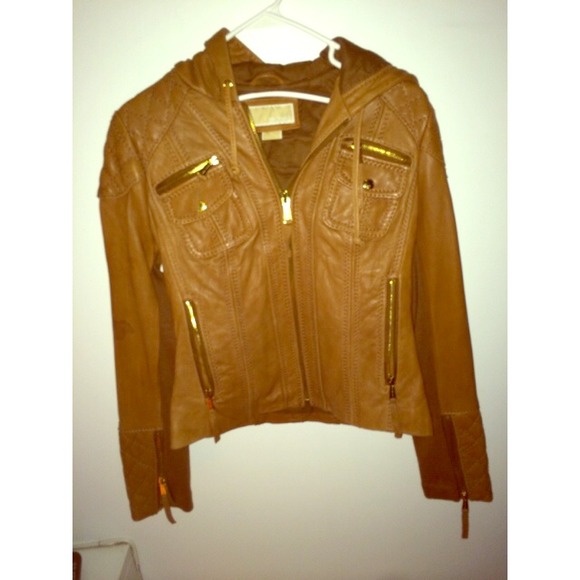 MICHAEL KORS KNIT-INSET HOODED LEATHER JACKET