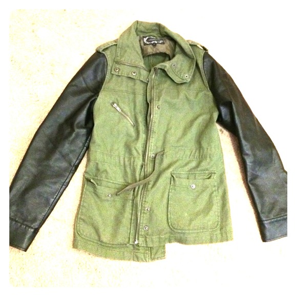 Green camo jacket with leather sleeves