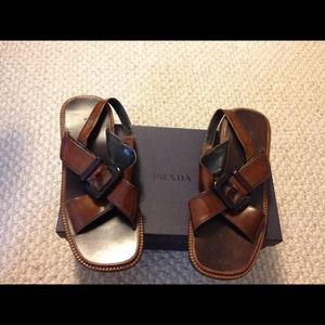 Prada Brown Leather Flat Sandals