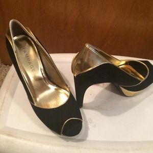 Black and Gold peep toe heels