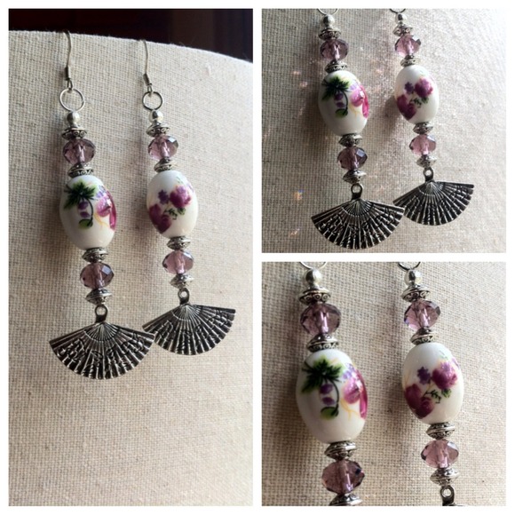 Amethyst Swarovski Porcelain Silver Fan Earrings - Picture 2 of 2
