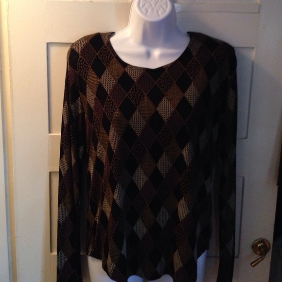 Jewel neck knit Top, black, brown, gold, MED