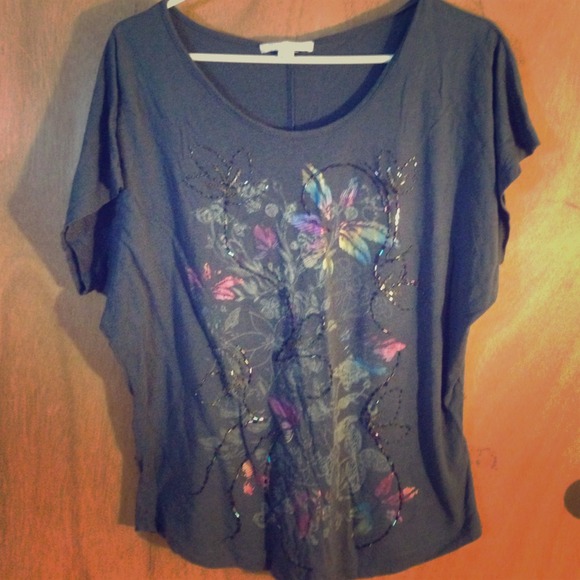 Grey top with floral design + beading
