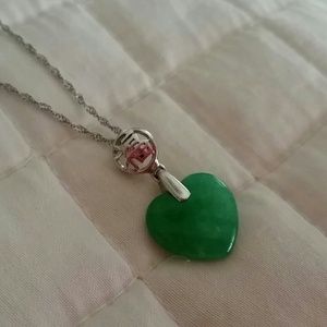 Dark Green Jade 16" Necklace. Silver Stamped.